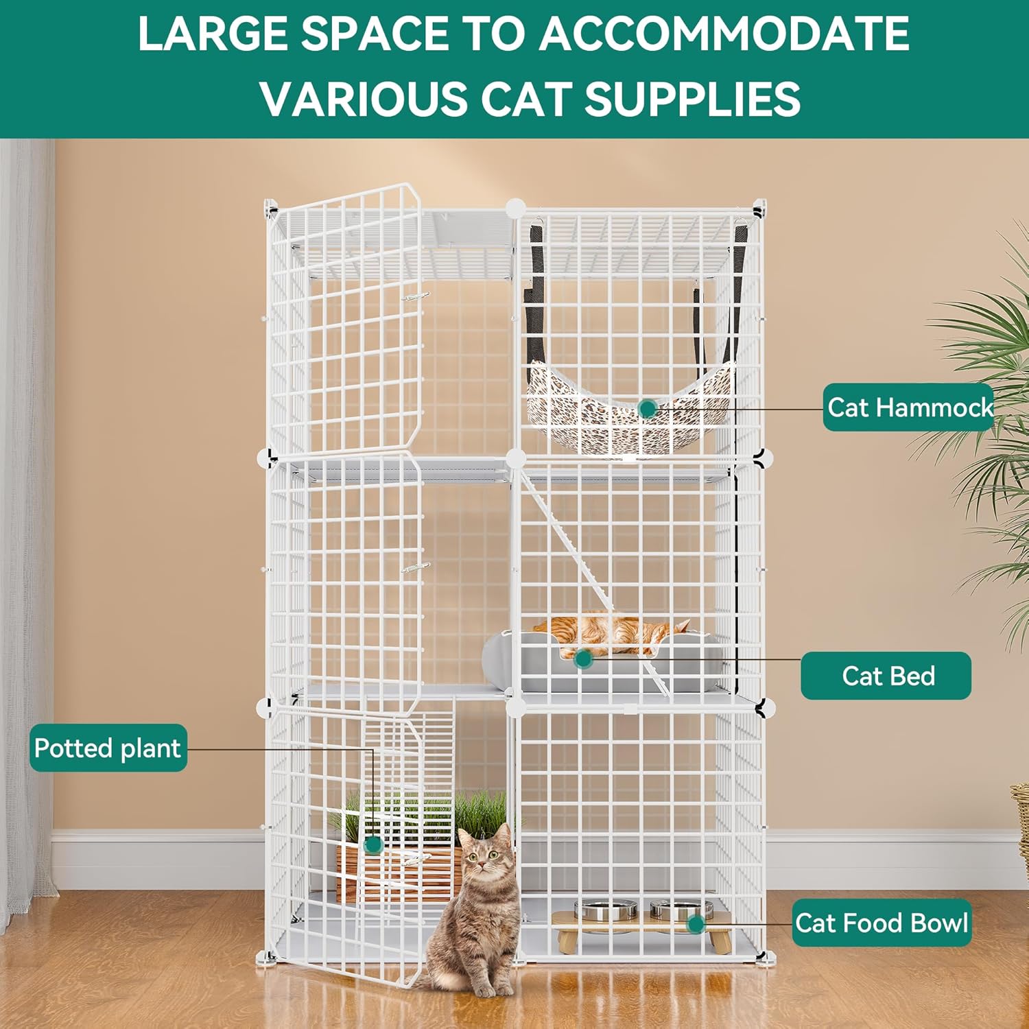 YITAHOME Cat Cage Indoor Catio DIY Metal Cat Playpen 3-Tiers with Hammock H62428