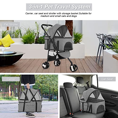 BestPet 3-in-1 Pet Stroller for Small Dogs Cats, Folding Lightweight Travel with Detachable Carrier, Black U7554