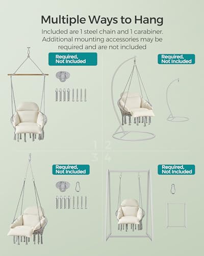 SONGMICS Hanging Chair with Large Thick Cushion, Boho Swing Chair, Cream White C225966