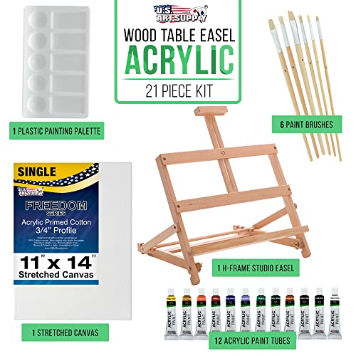 U.S. Art Supply 21-Piece Acrylic Painting Set with Wooden H-Frame Easel M255