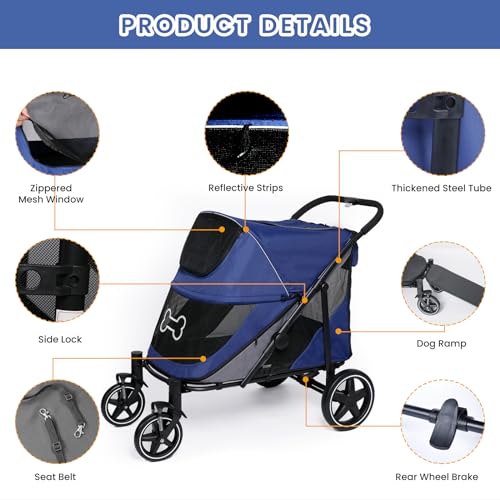 Dog Stroller for Large Dogs Up to 80 lbs, Foldable with Ramp, Navy Blue G161706