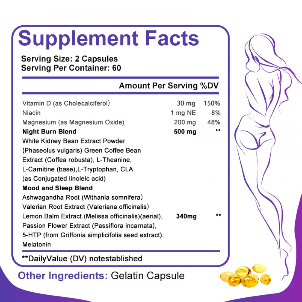 (2 Pack) Night Time Fat Burner Weight Loss Pills for Women & Men, Appetite Suppressant, 240 Veggie Capsules J217