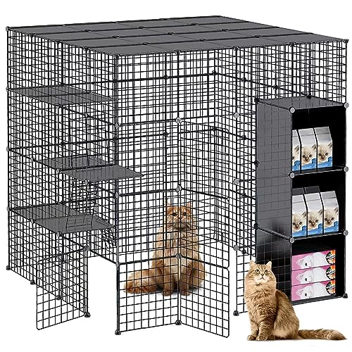 Large Cat Cage Enclosure Indoor DIY Cat Playpen Pet Home Small Animal House Detachable Metal Wire Kennels Crate Large Exercise Place Ideal for 1-4 Cat, White (41x41x55-White)