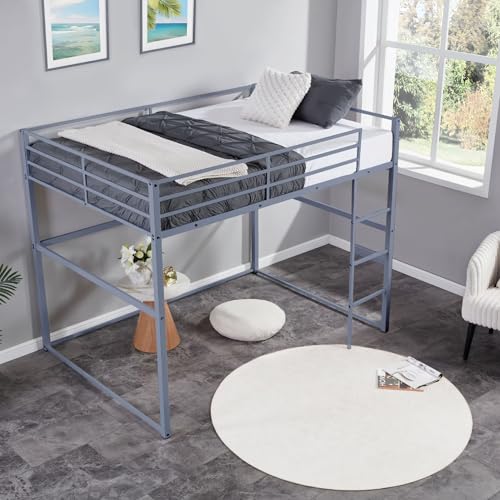Metal Loft Bed Frame Twin Size with Safety Guard Rails & Built-in Ladder, Black C7852
