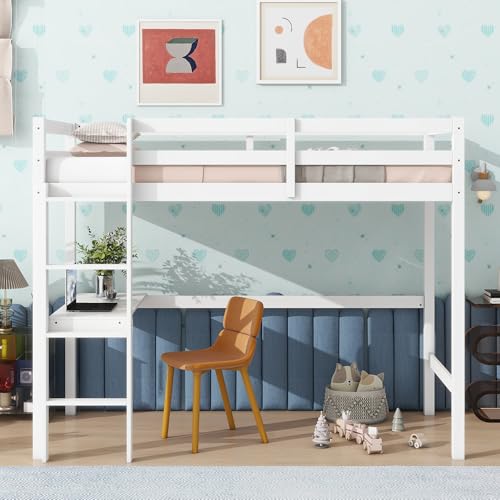 Twin Size Low Loft Bed with Ladder and Safety Guardrail, Solid Wood, White D5235