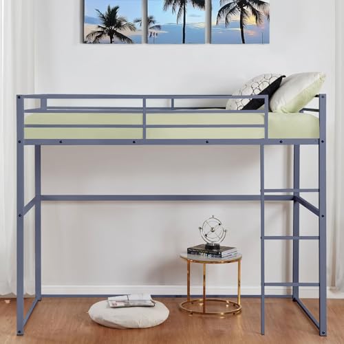 Metal Loft Bed Frame Twin Size with Safety Guard Rails & Built-in Ladder, Black C7852
