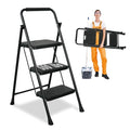3 Step Ladder, Protable Steel Folding Stool with Wide Anti-Slip Pedal, 500lbs Sturdy Steel Ladder, Black