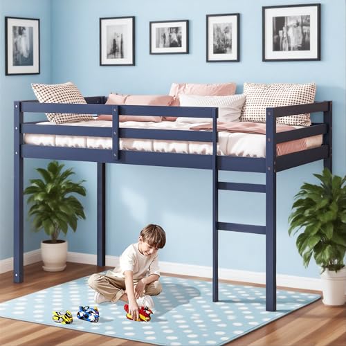 Twin Size Low Loft Bed with Ladder and Safety Guardrail, Solid Wood, White D5235