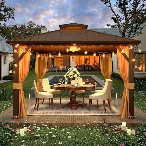 YOLENY 10' x 12' Hardtop Gazebo with Galvanized Steel Double Roof, Netting and Curtains Y84317