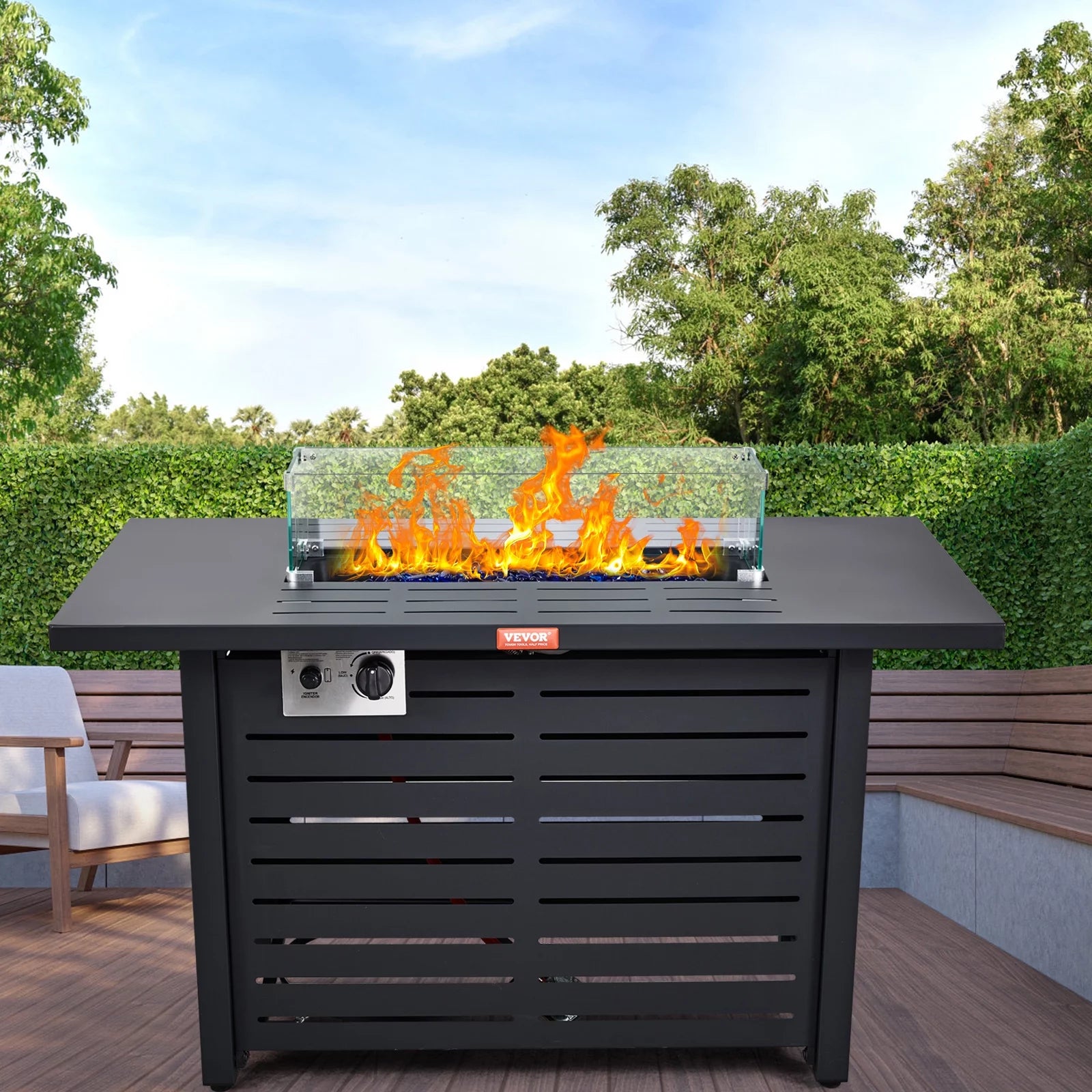 BENTISM 43" Outdoor Propane Gas Fire Pit Table 50000 BTU w/ Glass Tabletop & lid
