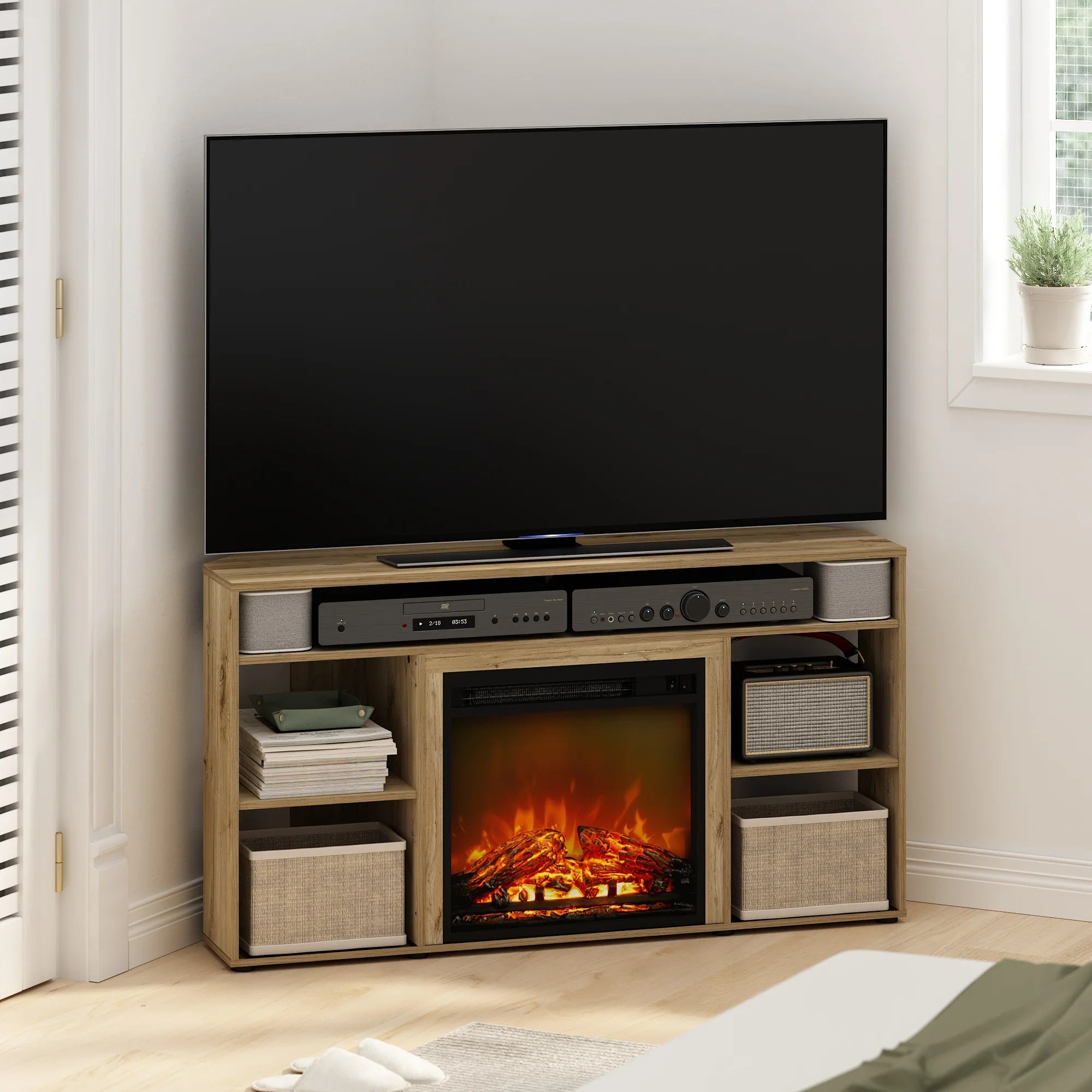 Furinno Jensen Corner TV Stand with Fireplace for TVs up to 55", Flagstaff Oak T250