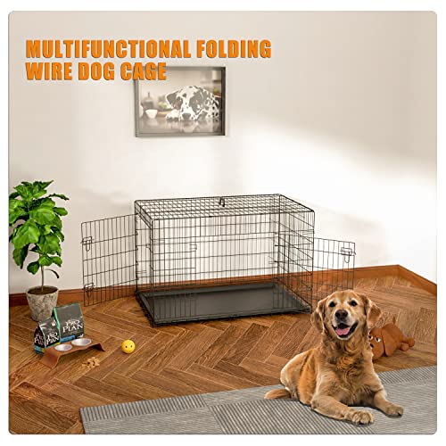 Large Dog Crate 42 inch Metal Wire Kennel with Tray and Double Door N585