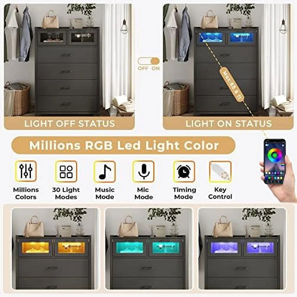 HJZBNONE 6-Drawer Dresser with LED Lights for Bedroom E483