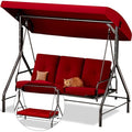 Porch Swing - 3-Seat Patio Outdoor Swing with Canopy for Adultes, Convertible Glider Bed, Thick Removable Cushions & Pillows for Backyard, Porch, Garden - Burgundy