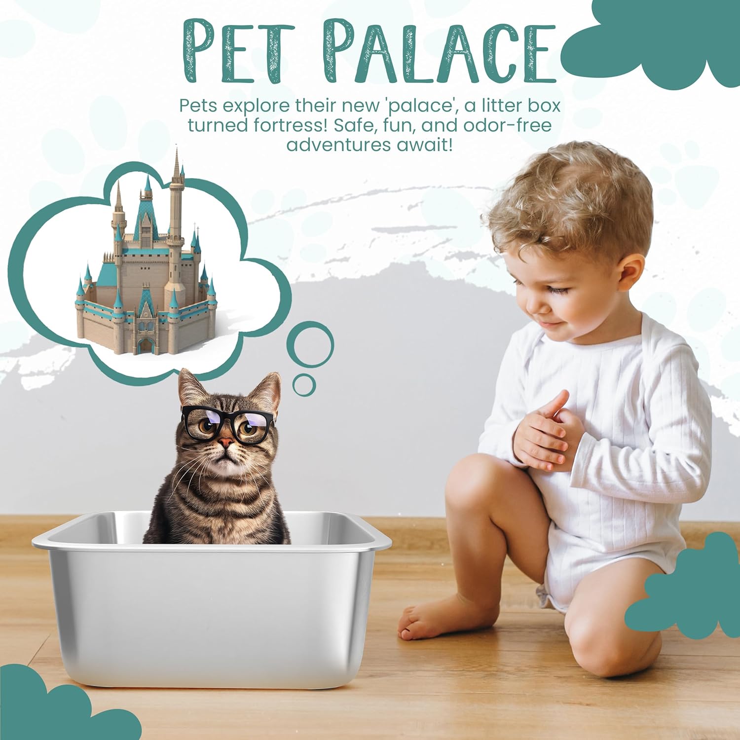 Stainless Steel Litter Box with High Sides and Non-Slip Pads L656059
