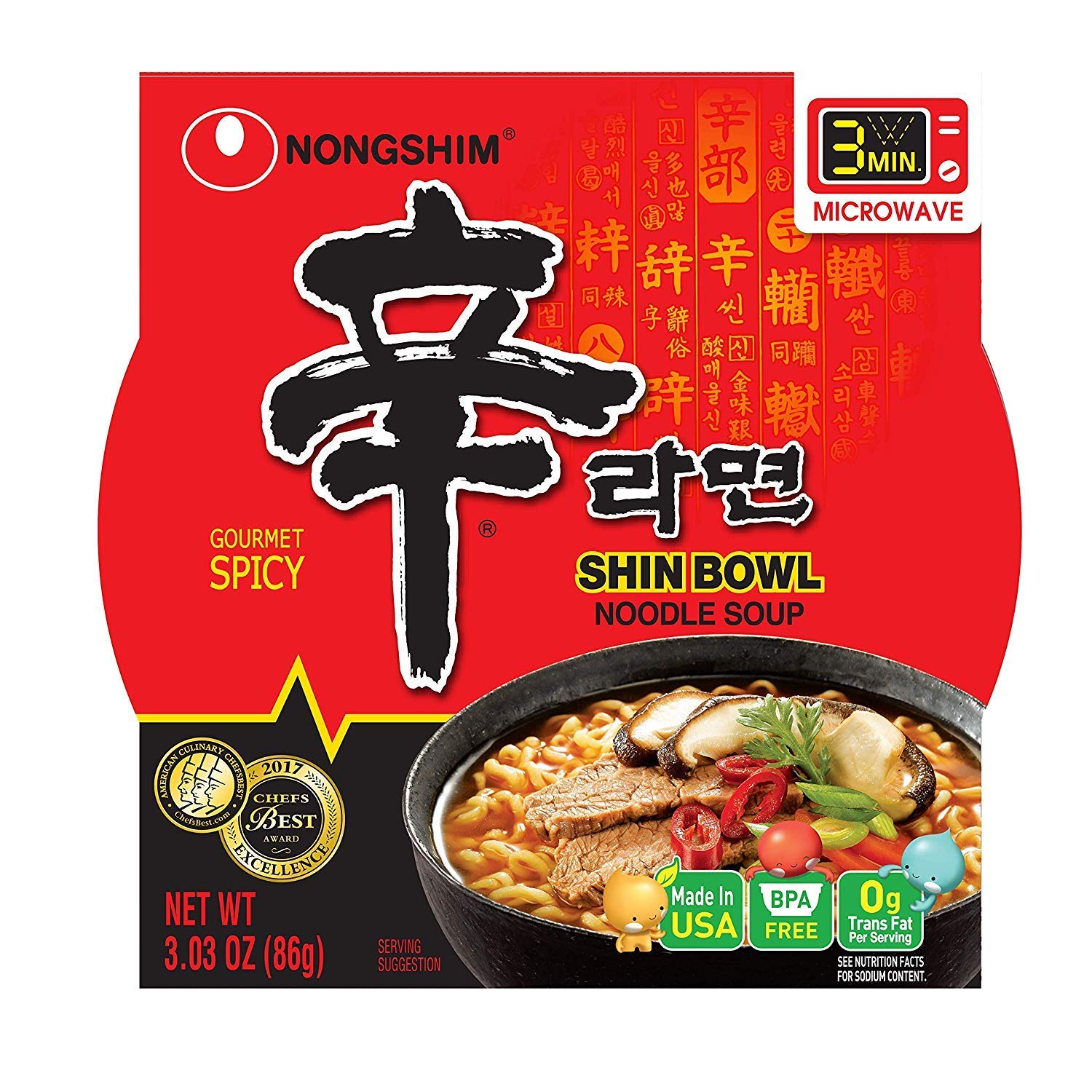 Nongshim Shin Bowl Noodle Soup, Gourmet Spicy, 3.03 Ounce (Pack of 12) (3-Sets)