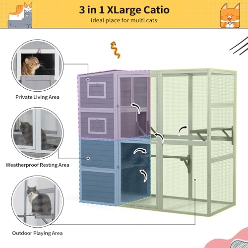 Outdoor Catio Large Cat Enclosure House Weatherproof with 2 Resting Rooms and Platforms B9583