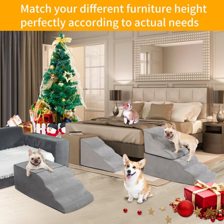 28 Inch High Dog Stairs for Bed, Extra Wide 6 Tier Pet Steps with Washable Cover F547