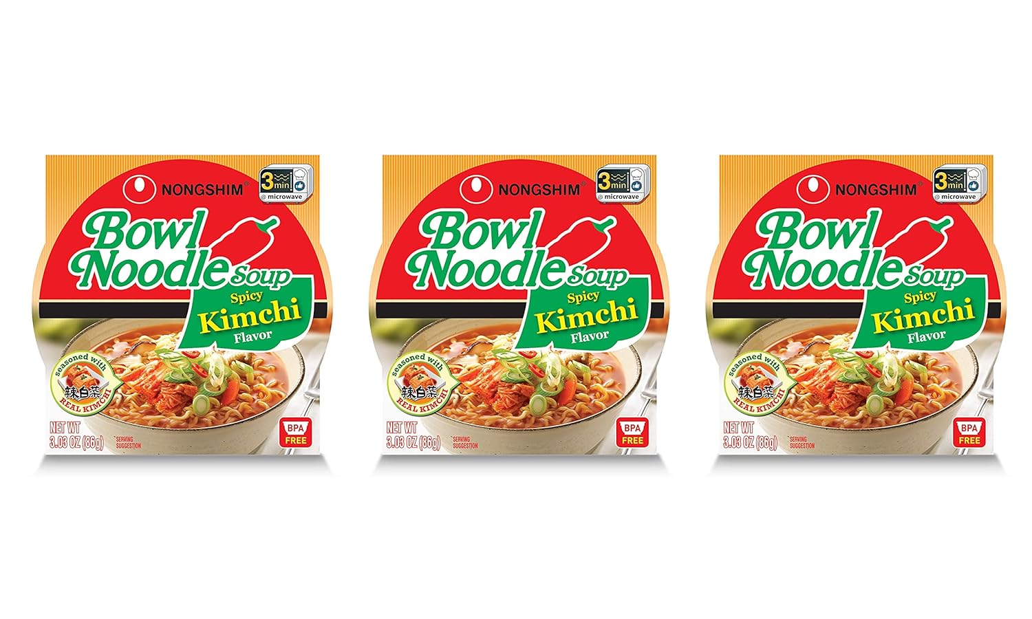Nongshim Spicy Kimchi Bowl Instant Noodle Soup (3 Pack, Total of 9.09oz)