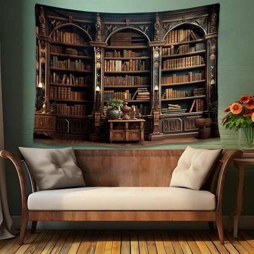 QGHOT Medieval Bookshelf Tapestry Vintage Library Wall Hanging P36533