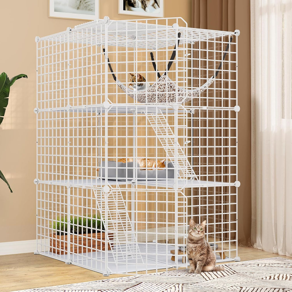 YITAHOME Cat Cage Indoor Catio DIY Cat Enclosures Metal Cat Playpen 3-Tiers Kennels Pet Crate with Extra Large Hammock for 1-2 Cats Rabbit White