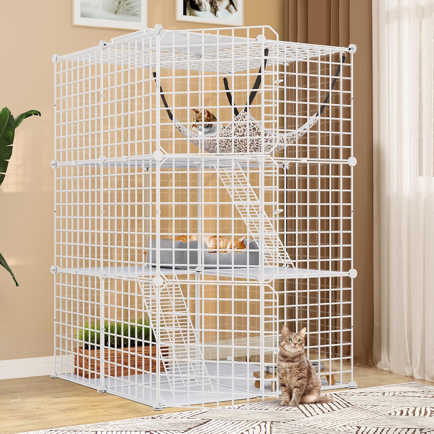 YITAHOME Cat Cage Indoor Catio DIY Cat Enclosures Metal Cat Playpen 3-Tiers Kennels Pet Crate with Extra Large Hammock for 1-2 Cats Rabbit White