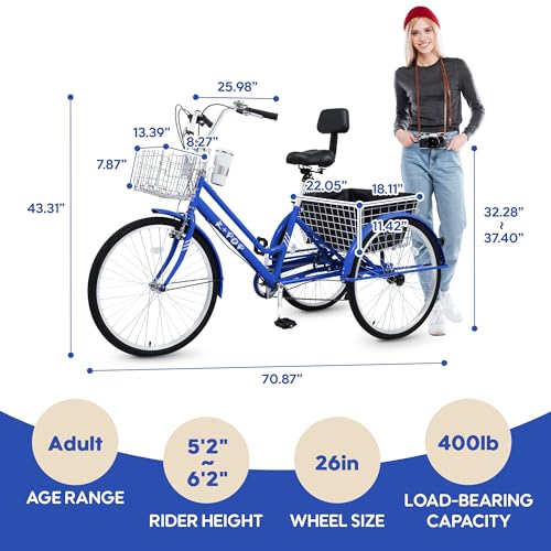 26 Inch 7 Speed Adult Tricycle, 3 Wheel Beach Cruiser Bike with Backrest and Baskets V183109