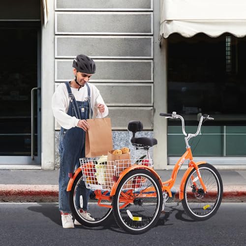 VEVOR Adult Tricycle 24 Inch 3-Wheel Aluminum Cruiser Bike with Basket, Orange B178