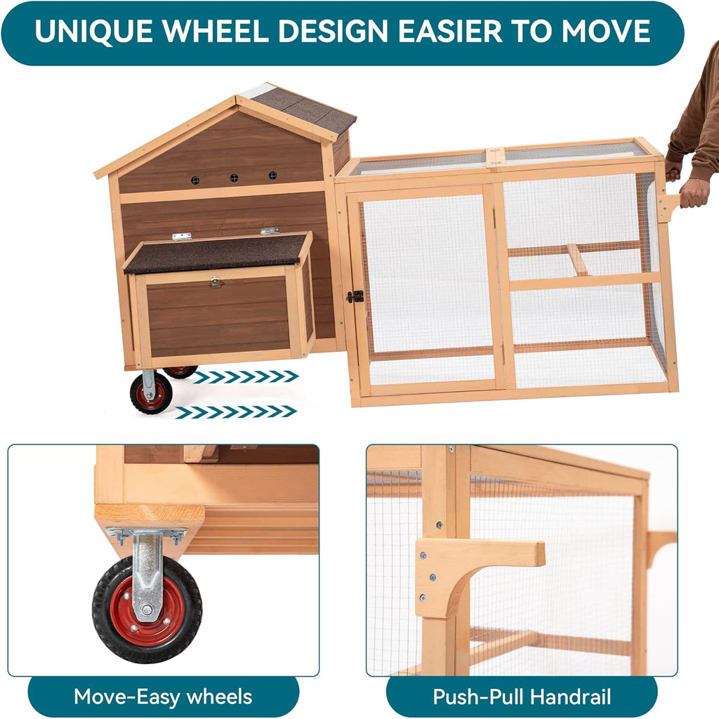 81"L Movable Chicken Coop with Wheels for 4-6 Chickens, Nesting Box and Run R1350