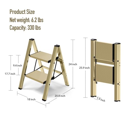 2 Step Lightweight Aluminum Folding Ladder with Anti-Slip Pedals, 330 lbs Capacity D5199