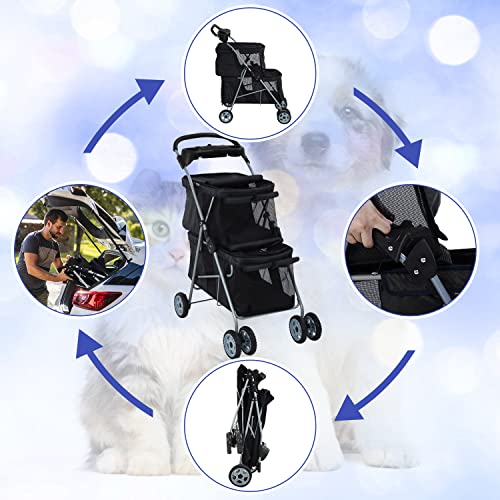 Pets Double Pet Stroller 4 Wheel Folding Dog Cat Travel Carrier, Pink P620297