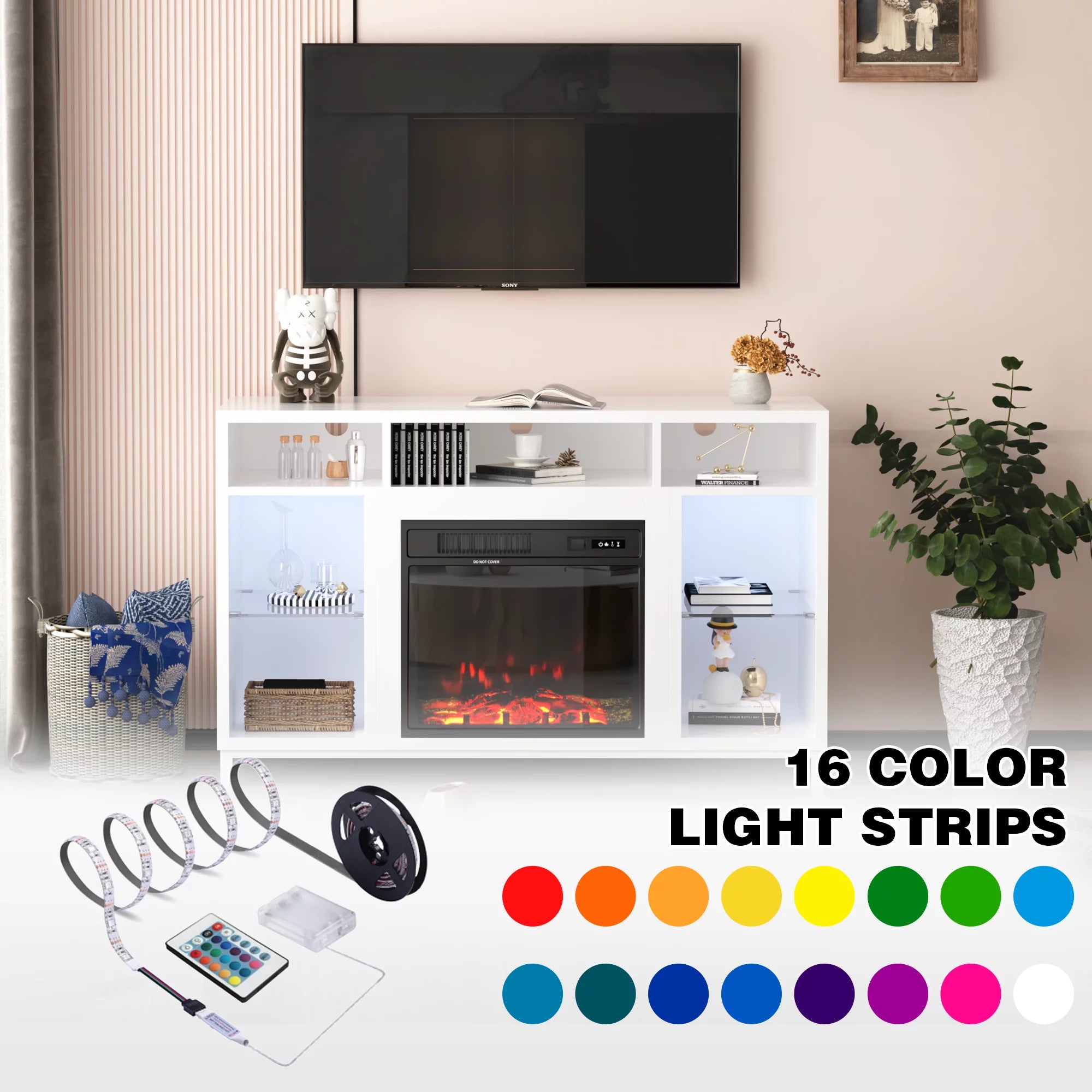 Fireplace TV Stand with 18" Electric Fireplace, White W9344