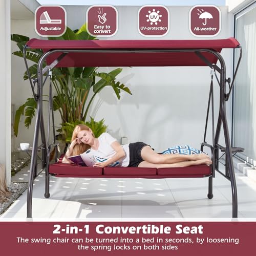 800LBS Patio Swing with Canopy 3 Seat Outdoor Porch Swing with Stand, Cup Holder & Pillow (Green) O887