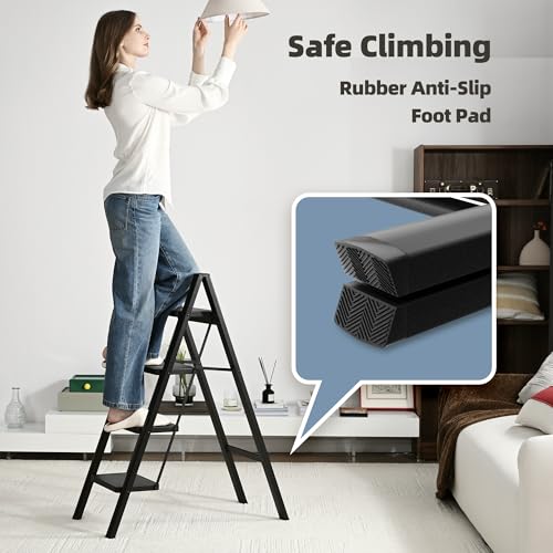 4 Step Ladder, Anti-Slip Wide Pedal, 330lbs Capacity Steel Folding Ladder (Black) S8007