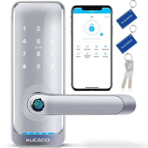 Keypad Smart Door Lock with Handle: Kucacci Keyless Entry Door Lock - Smart Lock for Front Door - Electronic Door Lock for Exterior Door - Wifi Door Lock with APP - Retrofit Knob Deadbolt Lock(Silver)