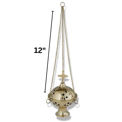 Needzo Brass Hanging Censer Incense Burner with Cross, 12 Inch Chain U677