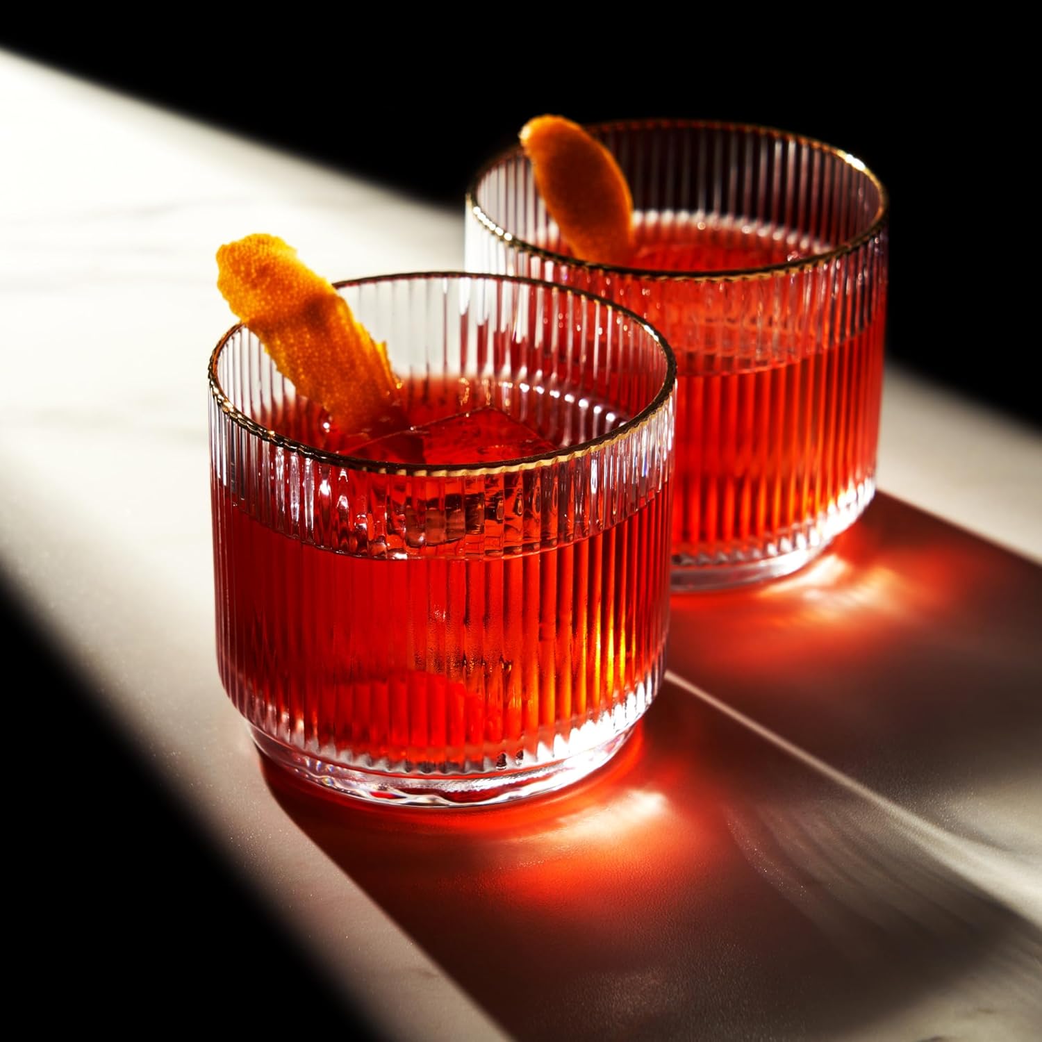 Viski Meridian Crystal Lowball Tumblers, Art Deco Whiskey Glasses, 12oz Set of 2 Q68876