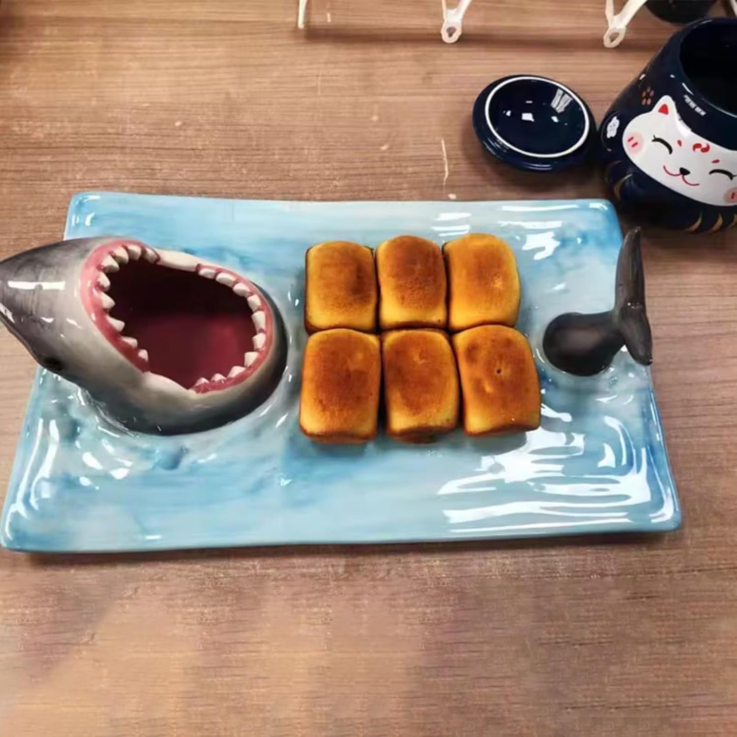 Shark Ceramic Sushi Plate with Soy Sauce Bowl and Chopstick Holder H564971
