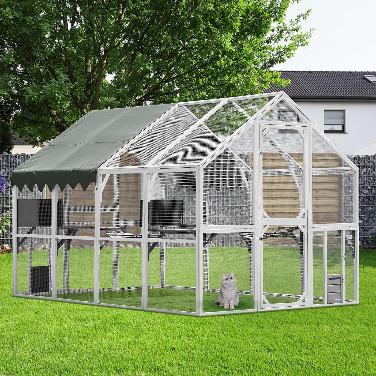 Large Catio Outdoor Cat Enclosure Large for Multiple Cats, Wooden Outside Cat House with Waterproof Cover, Bridges, Walks(111''L×74''W× 72''H)