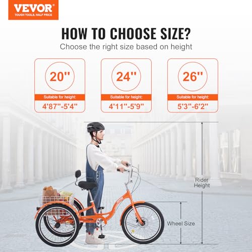 VEVOR Adult Tricycle 24 Inch 3-Wheel Aluminum Cruiser Bike with Basket, Orange B178