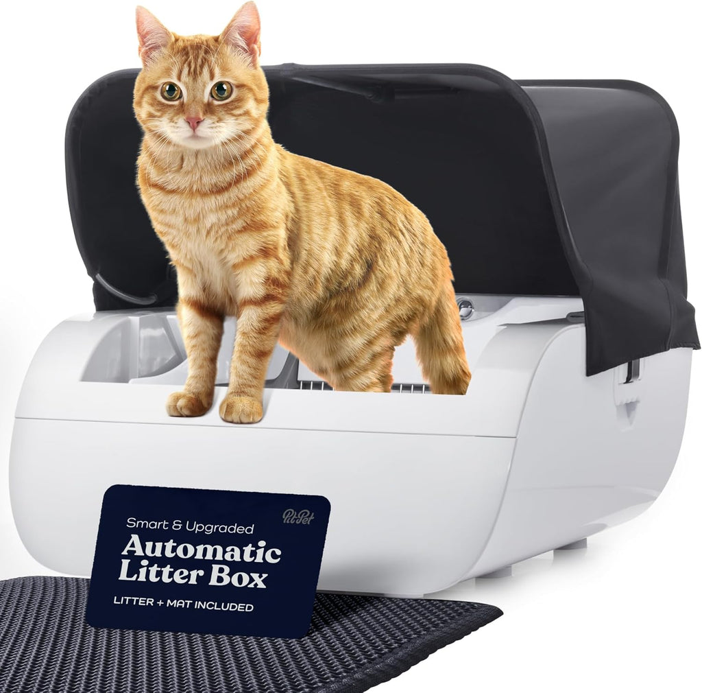 Smart Automatic Cat Litter Box - Self Cleaning with Built in Odor Eliminator -Works with Clumping Cat Litter (No Expensive Refills) Large with Hood & Litter Mat.