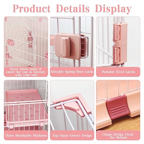 Hamiledyi Indoor Cat Cage 52 Inches Large Pet Crate with 3 Platforms and 1 Ramp Ladders (Pink) O39080
