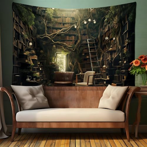 QGHOT Medieval Bookshelf Tapestry Vintage Library Wall Hanging P36533