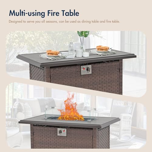 SUNSITT Outdoor Fire Pit Table 43 Inch Wicker Propane with Aluminum Tabletop, Taupe F2263