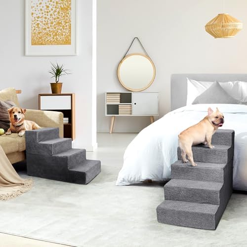 Heeyoo Dog Stairs for Small Dogs, 5-Step Foam Pet Steps for High Bed and Couch, Grey U471171