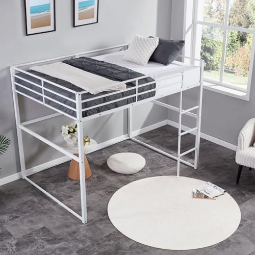 Metal Loft Bed Frame Twin Size with Safety Guard Rails & Built-in Ladder, Black C7852