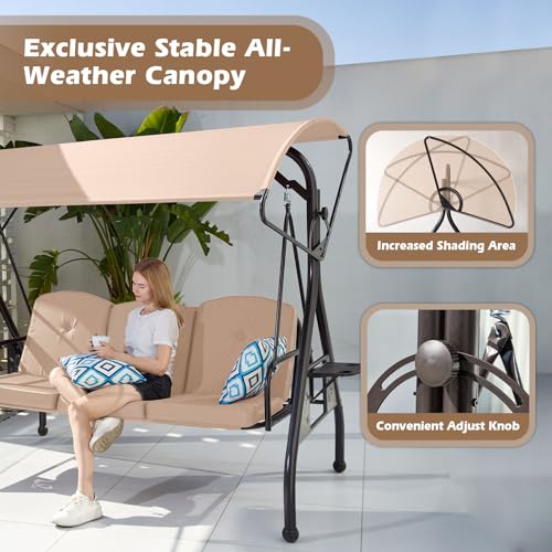 800LBS Patio Swing with Canopy 3 Seat Outdoor Porch Swing with Stand, Cup Holder & Pillow (Green) O887