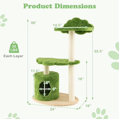 Tangkula Cat Tree Tower, Multi-level Wood Cat Tower with Sisal Scratching Posts, 38 Inch C2485