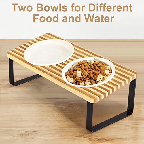 Sunhoo Ceramic Elevated Cat Bowls with Bamboo Stand, Raised Double Dish for Food and Water Z263