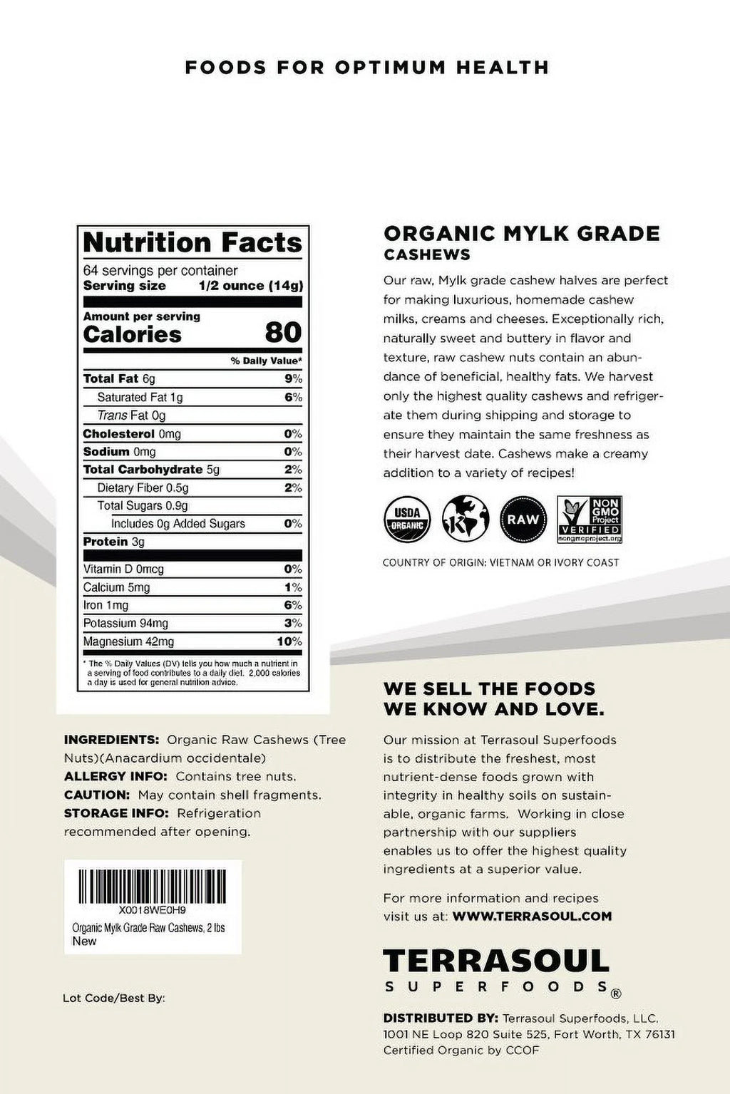 Organic Raw Cashews (Mylk Grade), 2 Pounds R801726